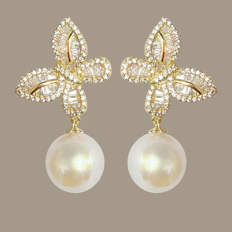 Aesthetic Butterfly Drop Earrings for Women Graceful Simulated Pearl Accessories for Wedding Bright Zirconia Jewelry Gift - EUFASHIONBAGS