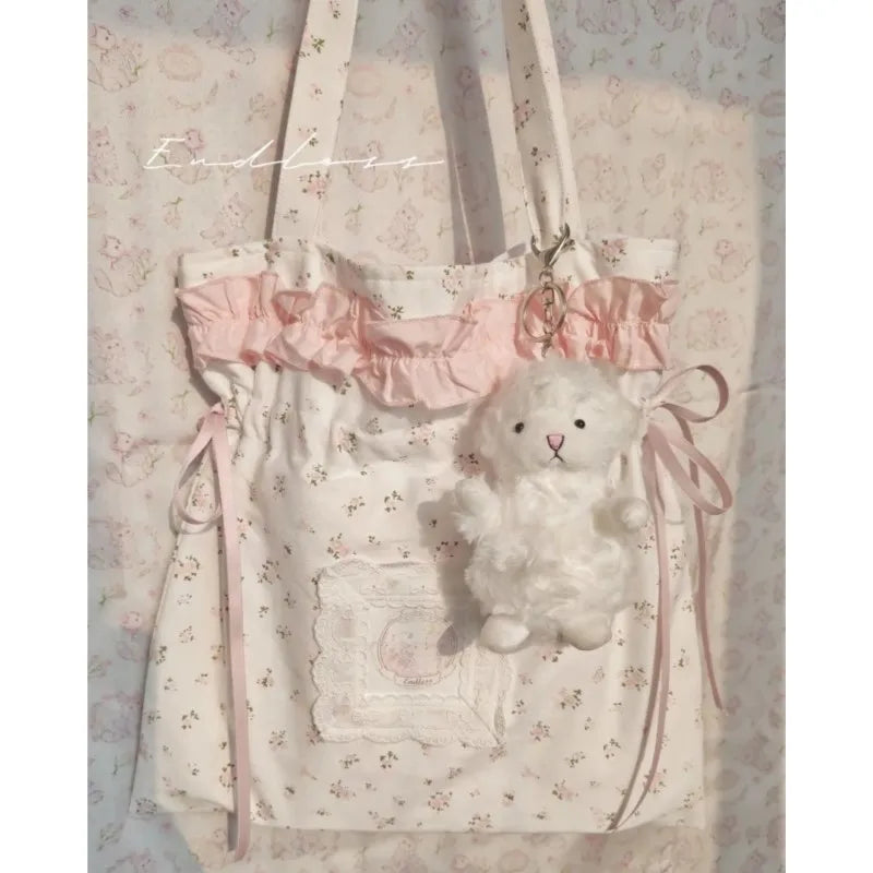 Fairycore Floral White Shoulder Bags Women Sweet Cute Drawstring Canvas Tote Bag Aesthetic Handbag Y2k