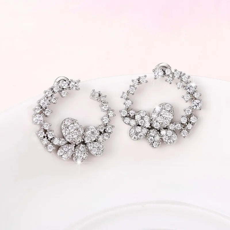 Aesthetic Flower Design Stud Earrings for Women Luxury Paved Cubic Zirconia Crystal Earrings Wedding Party Trendy Jewelry