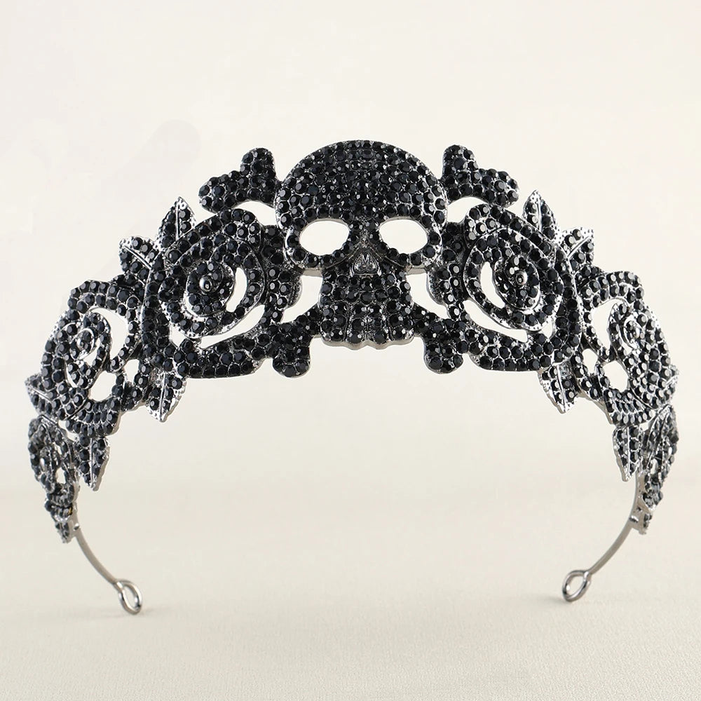 Baroque Vintage Full Rhinestone Skull Bridal Tiaras Crown Women Headbands Halloween Carnival Party Didem Hair Dress Accessories - EUFASHIONBAGS