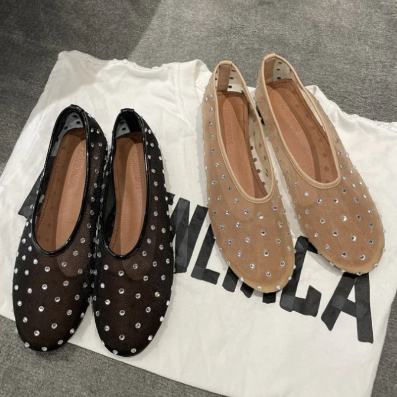 Rhinestone Rivet Luxury Design Mesh Flats Sandals Women Light Breathable Elegant Comfy Mules Shoes Fashion Loafers Ballet Shoes