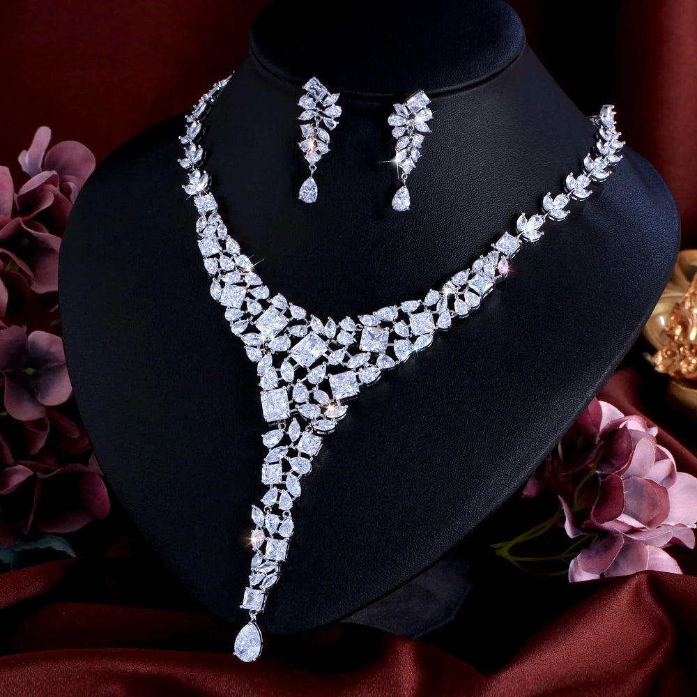 Chunky White Cubic Zirconia Luxury Statement Large Wedding Necklace Earrings Bridal Dress Jewelry Set for Women - EUFASHIONBAGS