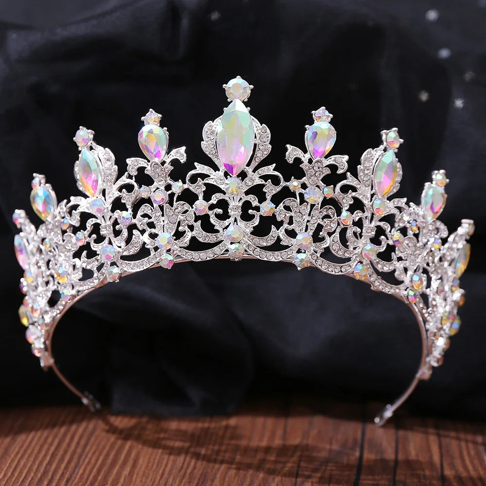 Luxury Silver Color AB Crystal Bridal Tiaras Baroque Crown Headband Bride Party Rhinestone Diadem Wedding Hair Jewelry Ornaments - EUFASHIONBAGS