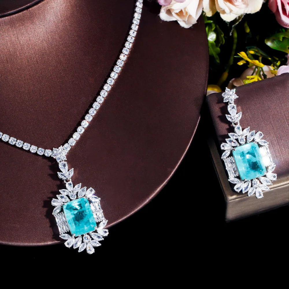 Glittering Big Rectangle Cubic Zirconia Women Wedding Engagement Costume Necklace Jewelry Sets Accessories - EUFASHIONBAGS