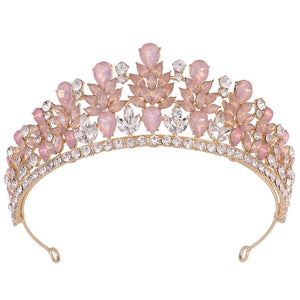 Pink Opal Crystal Wedding Crown Princess Rhinestone Pageant Diadem Party Headdress Bridal Crown Hair Jewelry Tiaras Accessories