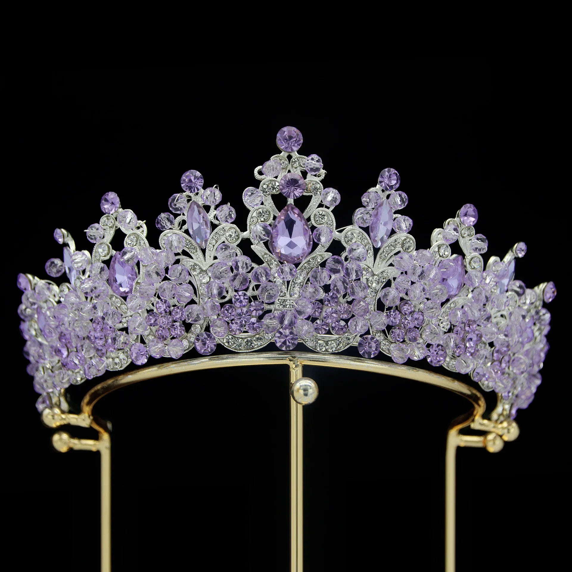 Luxury Royal Purple Crystal Beads Queen Bridal Tiaras Crown Rhinestone Pageant Diadem Wedding Hair Ornaments - EUFASHIONBAGS