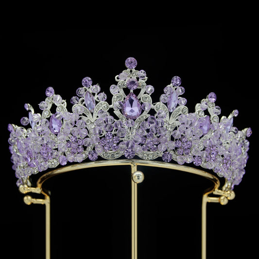 Luxury Royal Purple Crystal Beads Queen Bridal Tiaras Crown Rhinestone Pageant Diadem Wedding Hair Ornaments - EUFASHIONBAGS