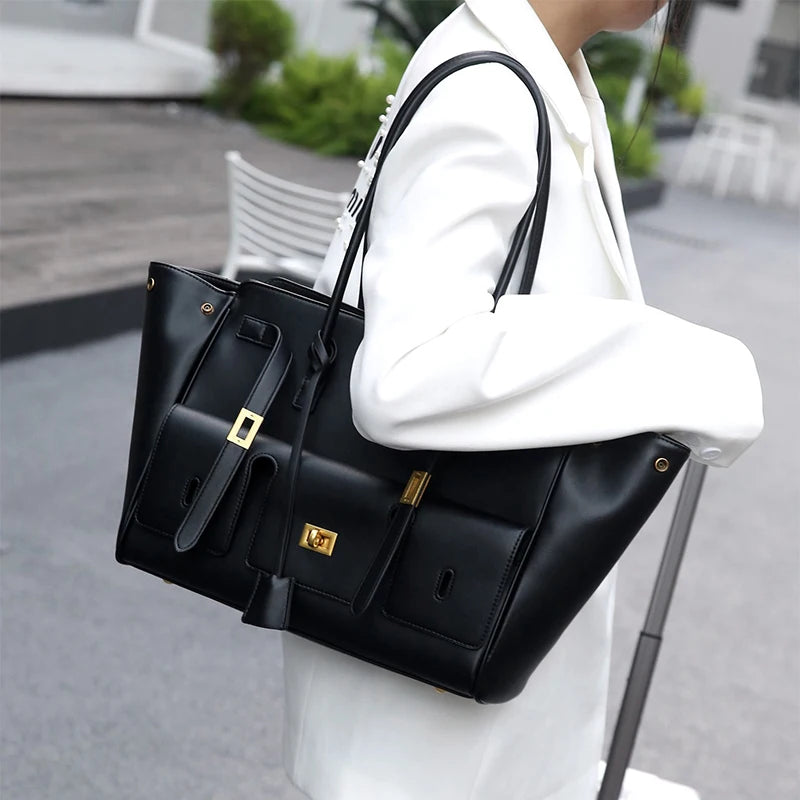 Lock Tote Wing Roomy Cluth Bag Black Treny Genuine Leather Shopping Bag Handbag Large Capacity Commuter Shoulder Bag For Female - EUFASHIONBAGS