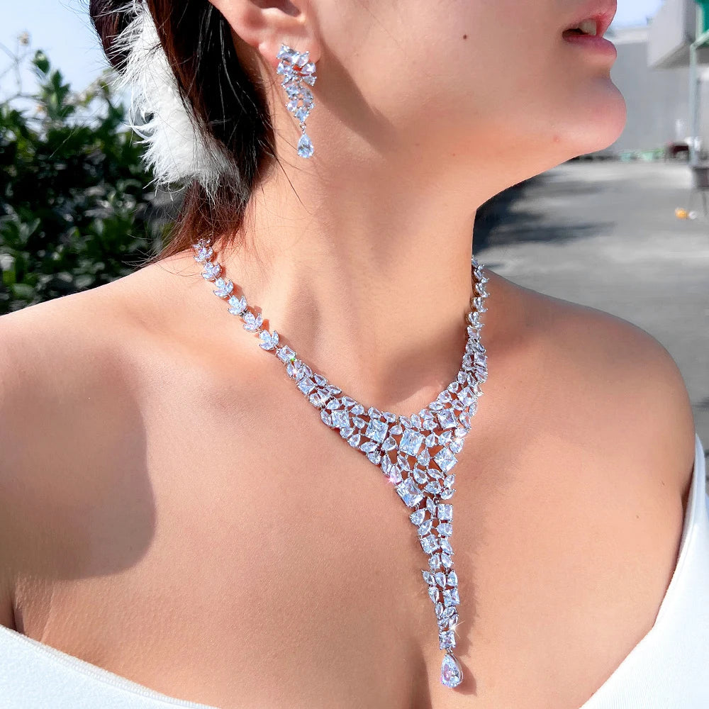 Chunky White Cubic Zirconia Luxury Statement Large Wedding Necklace Earrings Bridal Dress Jewelry Set for Women - EUFASHIONBAGS