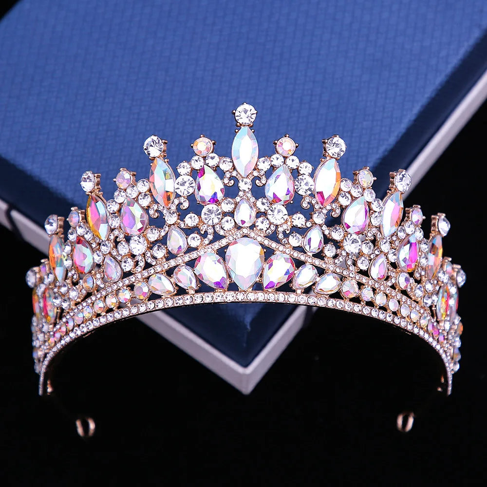 Luxury Pink Crystal Wedding Crown Royal Queen Tiaras Headband AB Color Rhinestone Bridal Headdress Bride Diadem Hair Accessories - EUFASHIONBAGS