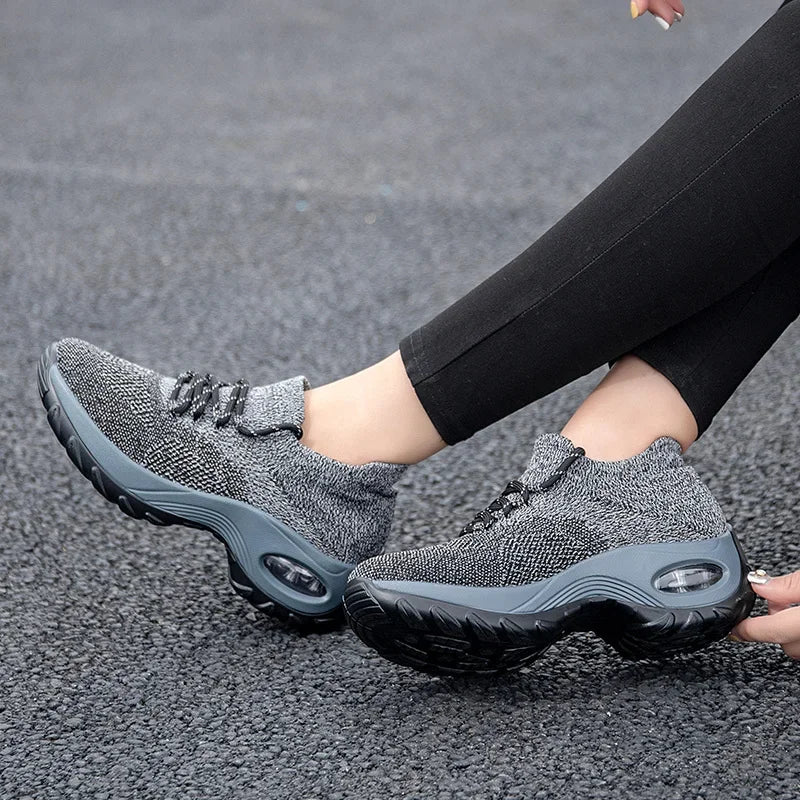 Women Tennis Shoes Air Cushion Red Sports Shoes High Heels Mesh Lace-up Female Sock Footwear Outdoor Thick Bottom Women Sneakers - EUFASHIONBAGS