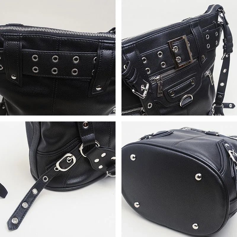 High Street Vintage Handbag Women New Rivet Large Capacity Casual Crossbody Bags Moto Biker Black Messenger Bag