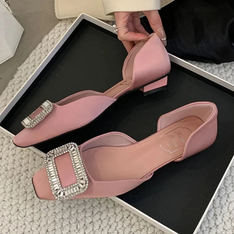 Square Button Rhinestone Luxury Women Shoes Hollow Square Toe Summer New Footwear Comfort Elegant Mary Jane Sandal Female