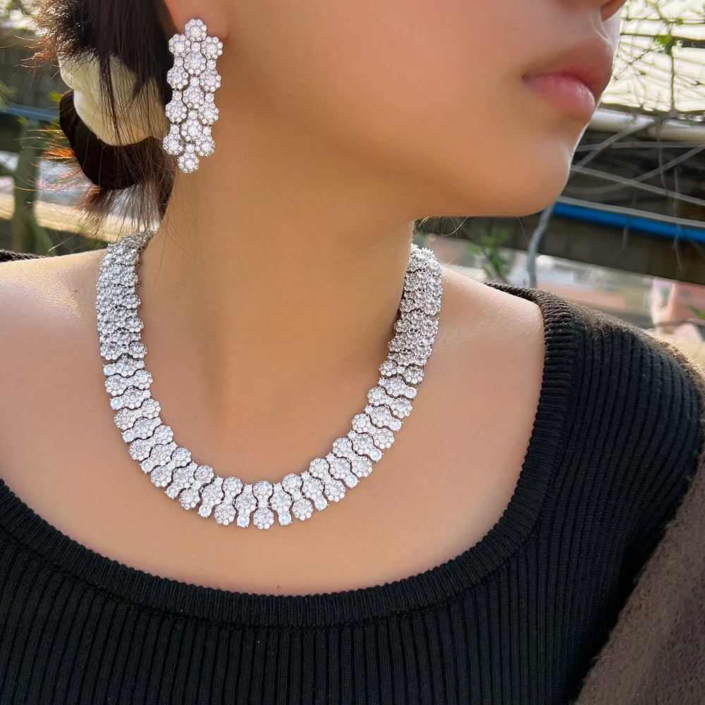 Glamorous Full Cubic Zirconia Pave Round Big Luxury Chunky Wedding Party Necklace Bridal Pageant Jewelry Sets - EUFASHIONBAGS