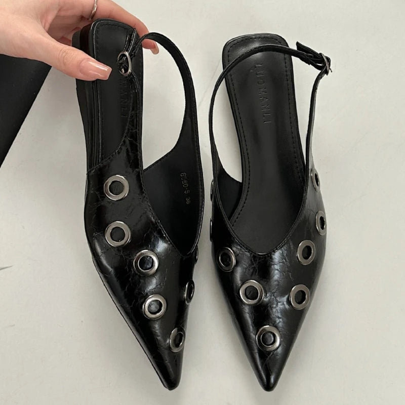 Metal Decoration Design Flat Mules Sandals Women Fashion Pointed Toe Dress Shoes Shallow Comfort Slingbacks Footwear Ladies