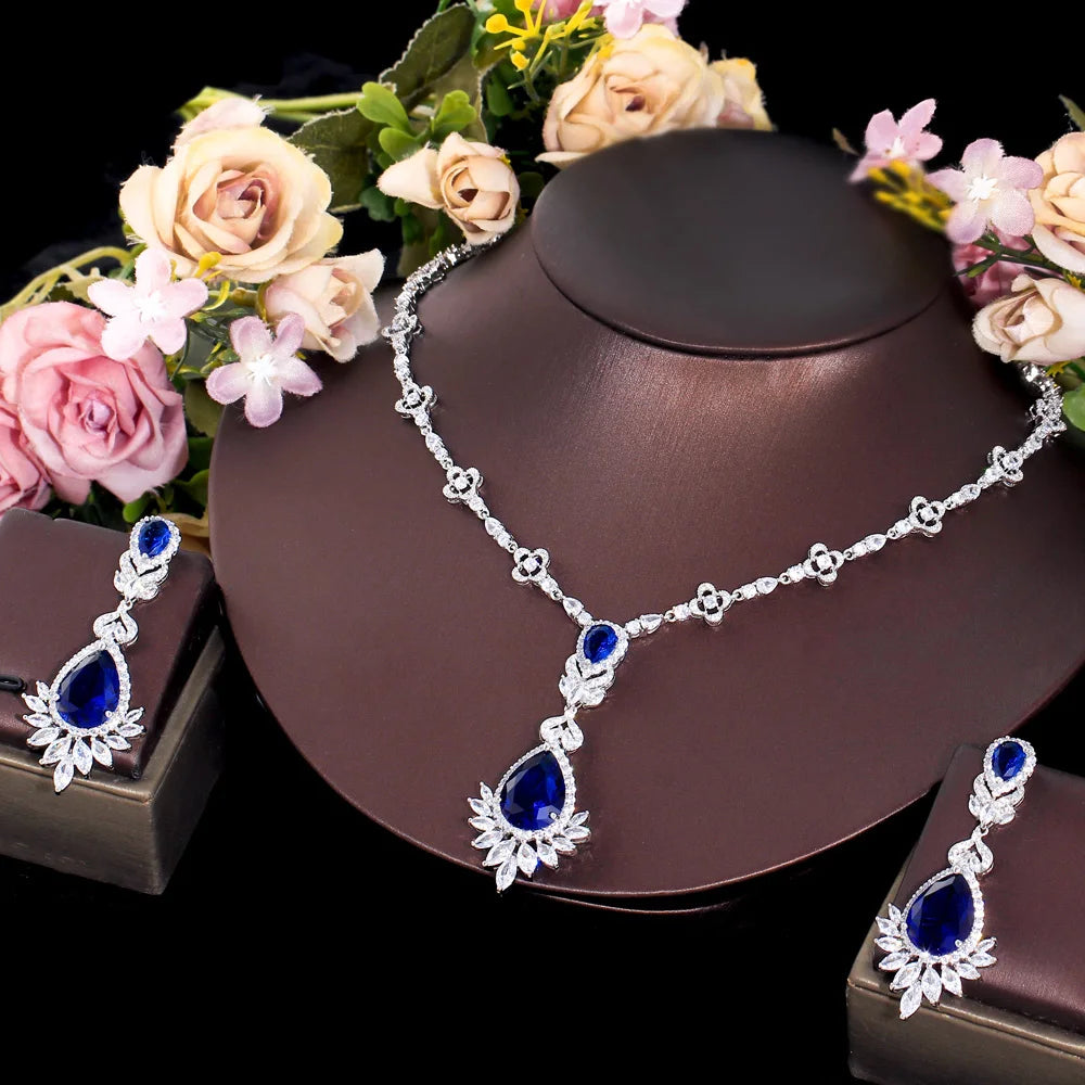 Royal Blue CZ Long Dangle Wedding Earrings Necklace Bridal Evening Party Dress Jewelry Sets for Women - EUFASHIONBAGS