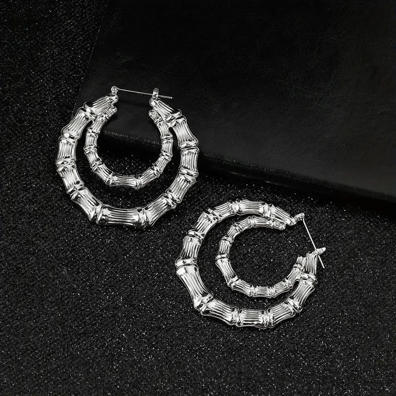 Modern Fashion Metal Double Circle Hoop Earrings for Women Chic Bamboo Design Earrings Daily Wear Statement Girls Jewelry - EUFASHIONBAGS