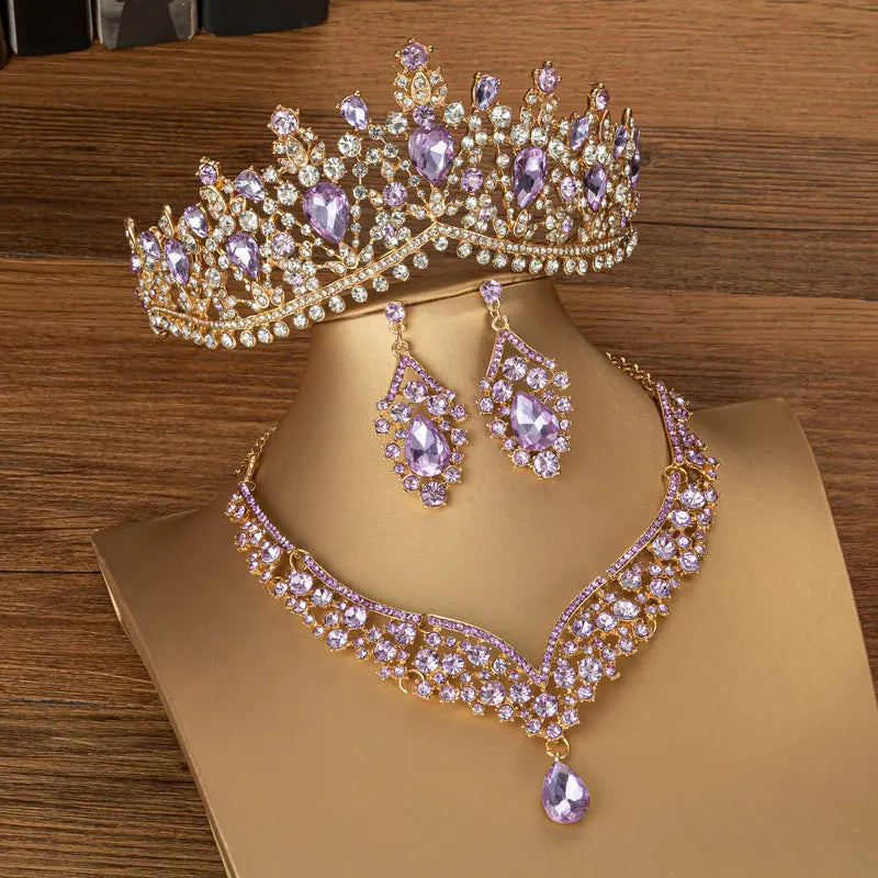 Baroque Gold Color Black Crystal Bridal Jewelry Sets Tiaras Crown Earrings Choker Necklace Women Wedding Dress Dubai Jewelry Set - EUFASHIONBAGS