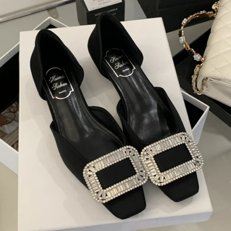 Square Button Rhinestone Luxury Women Shoes Hollow Square Toe Summer New Footwear Comfort Elegant Mary Jane Sandal Female