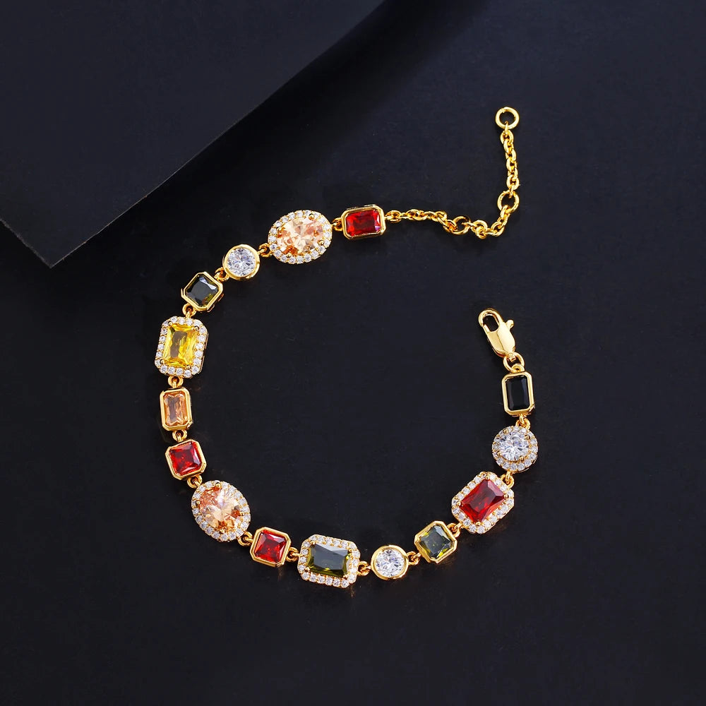 Multi Shape Colorful Cubic Zirconia Link Chain Bracelets for Women Adjustable Trendy Hand Jewelry - EUFASHIONBAGS