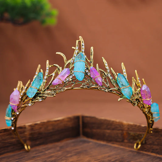 Halloween Natural Amethyst Black Crystal Fluorite Mermaid Crown Fashion Colorful Crystal Vintage Metal Crowns Hair Accessories - EUFASHIONBAGS