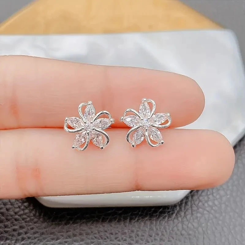 Delicate Flower Stud Earrings Lady Brilliant Zirconia Accessories Dainty Silver Color/Gold Color Jewelry for Engagement - EUFASHIONBAGS