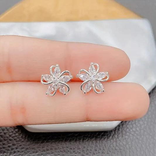 Delicate Flower Stud Earrings Lady Brilliant Zirconia Accessories Dainty Silver Color/Gold Color Jewelry for Engagement - EUFASHIONBAGS