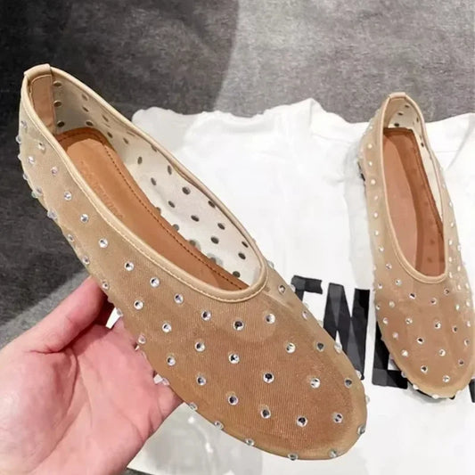 Rhinestone Rivet Luxury Design Mesh Flats Sandals Women Light Breathable Elegant Comfy Mules Shoes Fashion Loafers Ballet Shoes