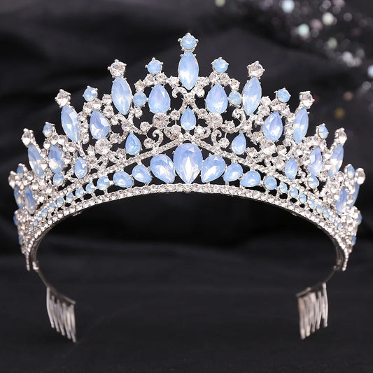 Baroque Blue Green Opal Wedding Crown With Comb Crystal Royal Queen Bridal Tiaras Big Rhinestone Pageant Diadem Head Accessories - EUFASHIONBAGS