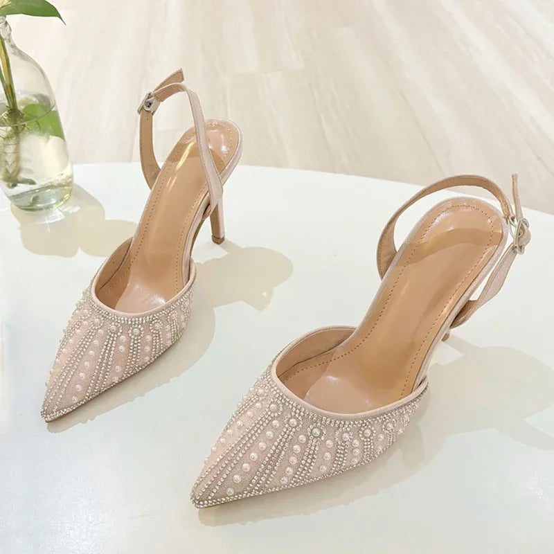 Pearl Rhinestone Pointed Toe High Heels Women 2025 New Shallow Elegant Wedding Dress Shoes Fashion Design Crystal Sandals Women