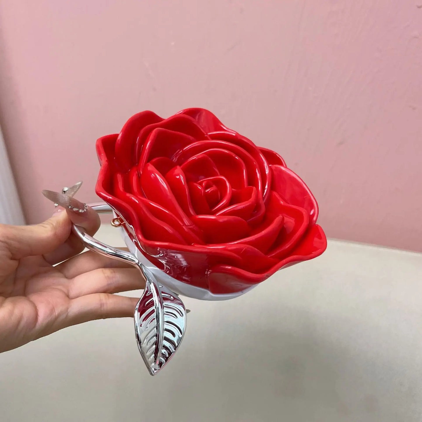 Rose Shaped Acrylic Box Bag Women's Socialite Shiny Party Dinner Bag Ins Design Retro Pvc Crossbody Bag - EUFASHIONBAGS