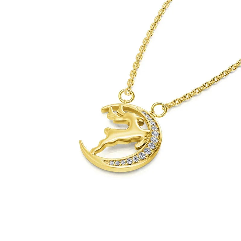 Romantic Jumping Elk Moon Shaped Pendant Necklace for Women Merry Christmas Female Necklaces CZ Exquisite Neck Jewelry