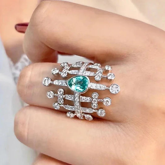 Geometric Rings with Pear Green CZ for Women Wide Band Female Accessories Wedding Trend Jewelry - EUFASHIONBAGS