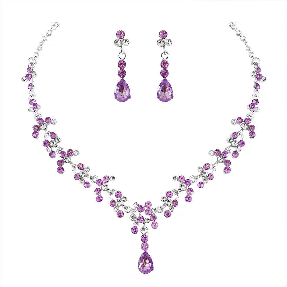 Baroque Pink Purple Crystal Bridal Wedding Jewelry Sets Women Gold Color Rhinestone Necklace Long Earrings Set Dress Accessories - EUFASHIONBAGS