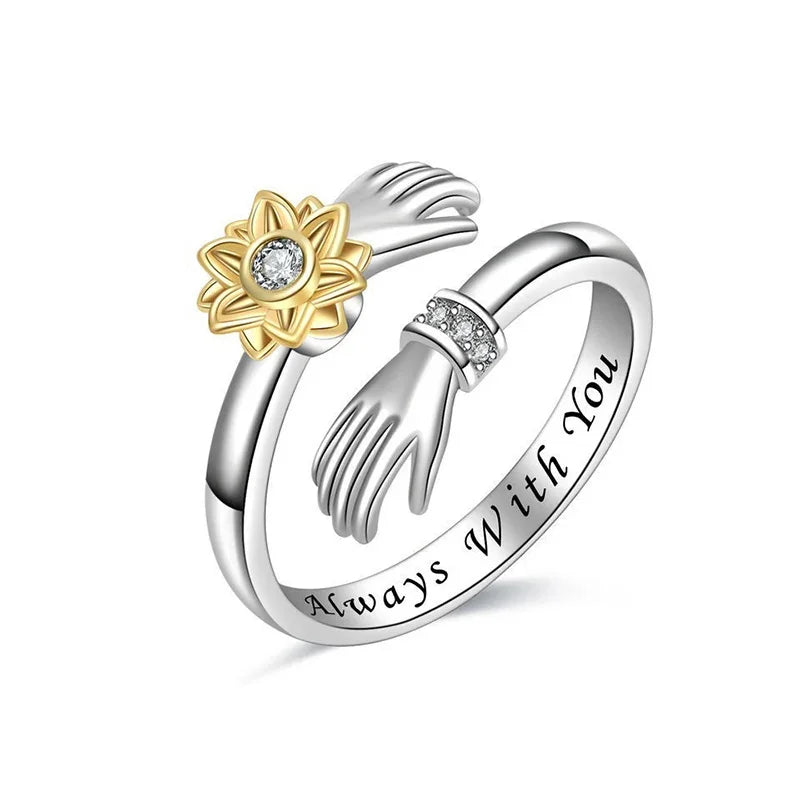 Yellow Sunflower Hand Hugging Design Women Rings "Always With You" Love Rings Two Tone Chic Opening Rings Trendy Jewelry - EUFASHIONBAGS