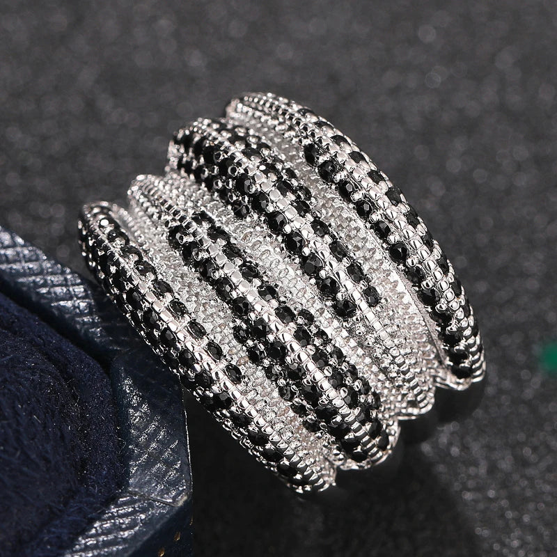 Stylish Lady Wide Ring with Black Crystal Stone Trendy Party Silver Color Finger Accessories for Women Statement Jewelry - EUFASHIONBAGS