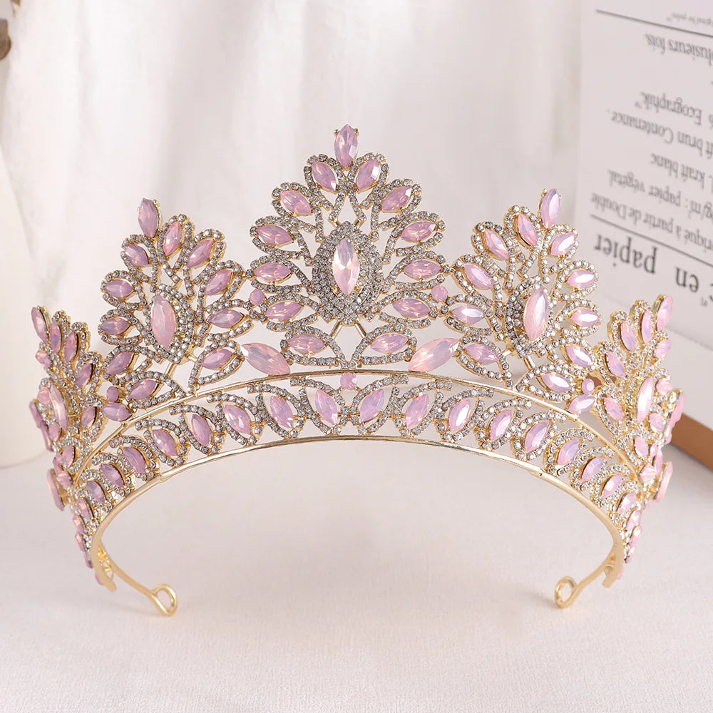 Baroque Pink Opal Wedding Big Crown Princess Headdress Crystal Bridal Tiaras Rhinestone Diadem Wedding Hair Jewelry Accessories - EUFASHIONBAGS