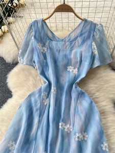 French Sweet Chiffon Dress Ladies 2024 Short Sleeve Embroidery Floral Lace Up Slim Zipper Chic Fashion  Summer Dress