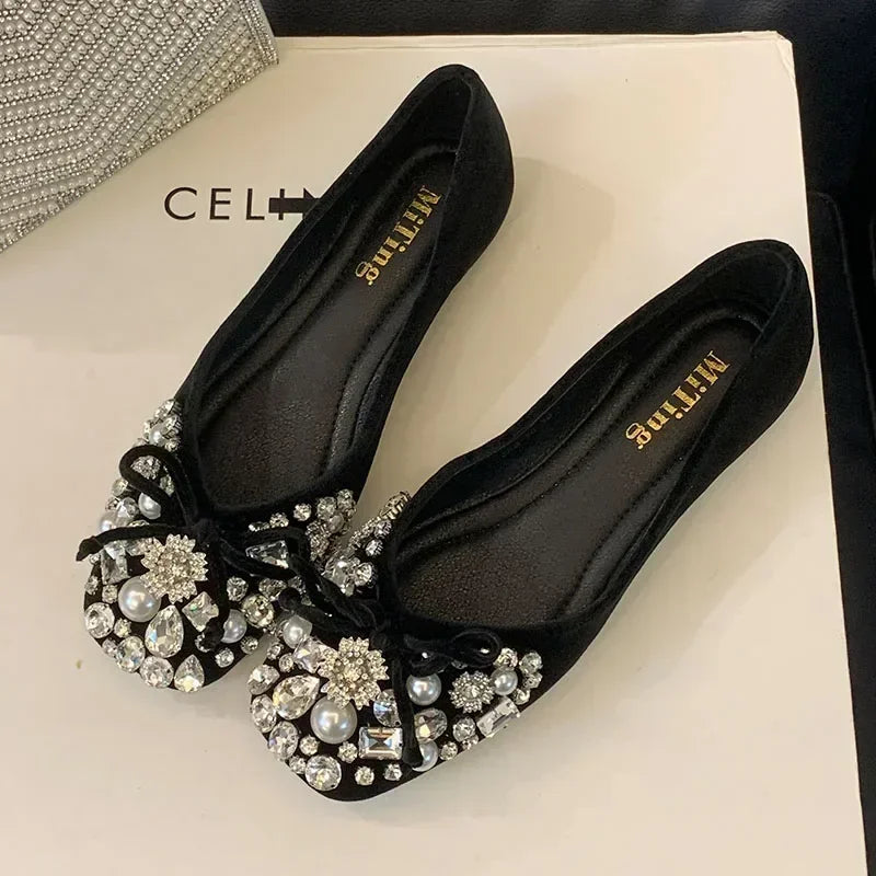 Crystal Pearl Designer Flat Women Shoes Comfort Soft Soled Dress Shoes Leisure Shiny Rhinestones Mules Shoes Zapatos De Mujer