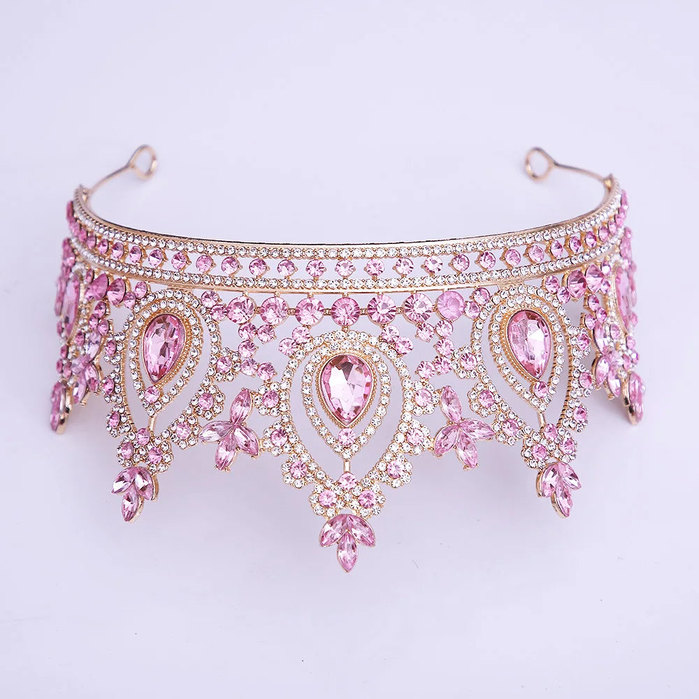 Baroque Luxury Pink Crystal Royal Queen Wedding Crown Rhinestone Bride Diadem Pageant Headdress Tiaras Hair Jewelry Accessories