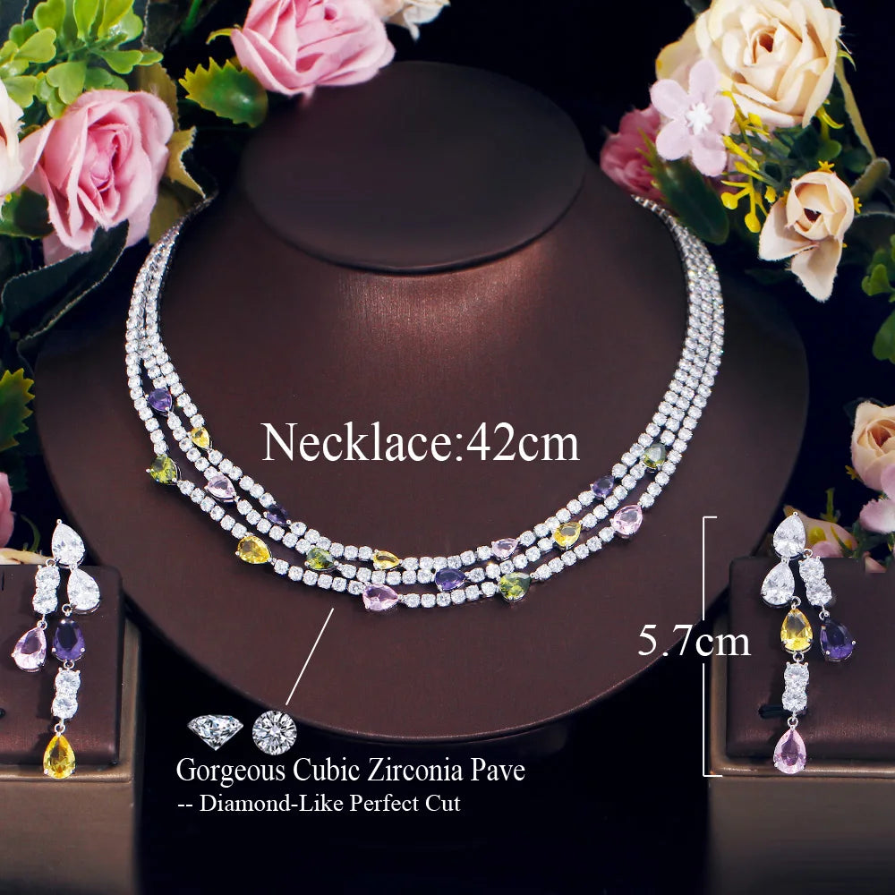 Shiny Turtle Cubic Zirconia Pave Colorful Multilayer Costume Necklace Women Wedding Bridal Party Jewelry Sets - EUFASHIONBAGS