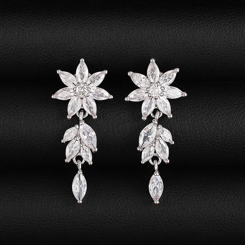 Sparkling Cubic Zirconia Dangle Earrings Women Aesthetic Flower Design Luxury Bridal Wedding Earrings New Fashion Jewelry - EUFASHIONBAGS