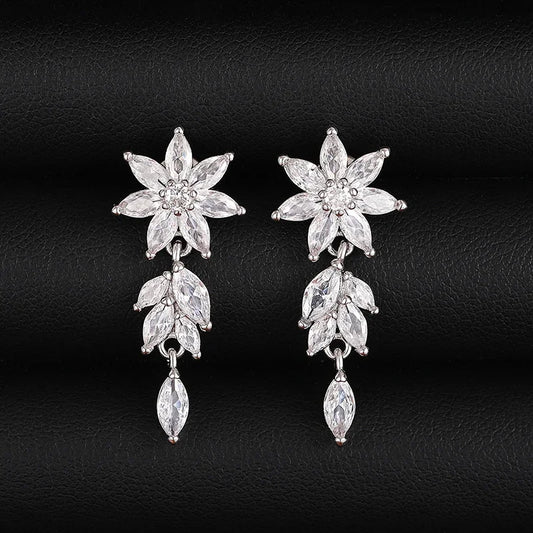 Sparkling Cubic Zirconia Dangle Earrings Women Aesthetic Flower Design Luxury Bridal Wedding Earrings New Fashion Jewelry