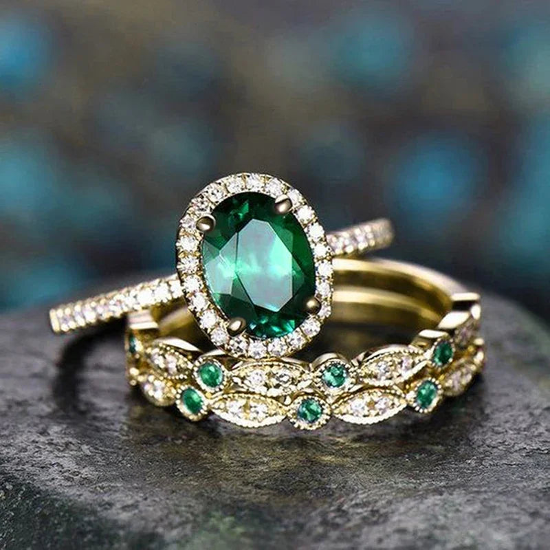 3Pcs/Set Gorgeous Green CZ Rings for Women Anniversary Party Luxury Lady Accessory 3 Metal Colors Fashion Jewelry