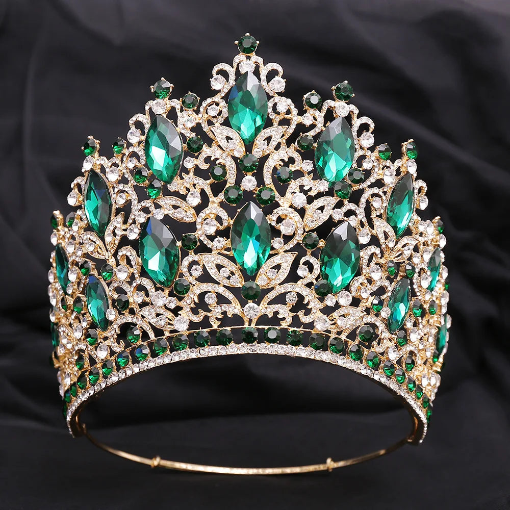 Green Crystal Tiara Round Crown 14cm Height Bridal Headwear Pageant Headdress Party Elegant Diadem Wedding Hair jewelry - EUFASHIONBAGS