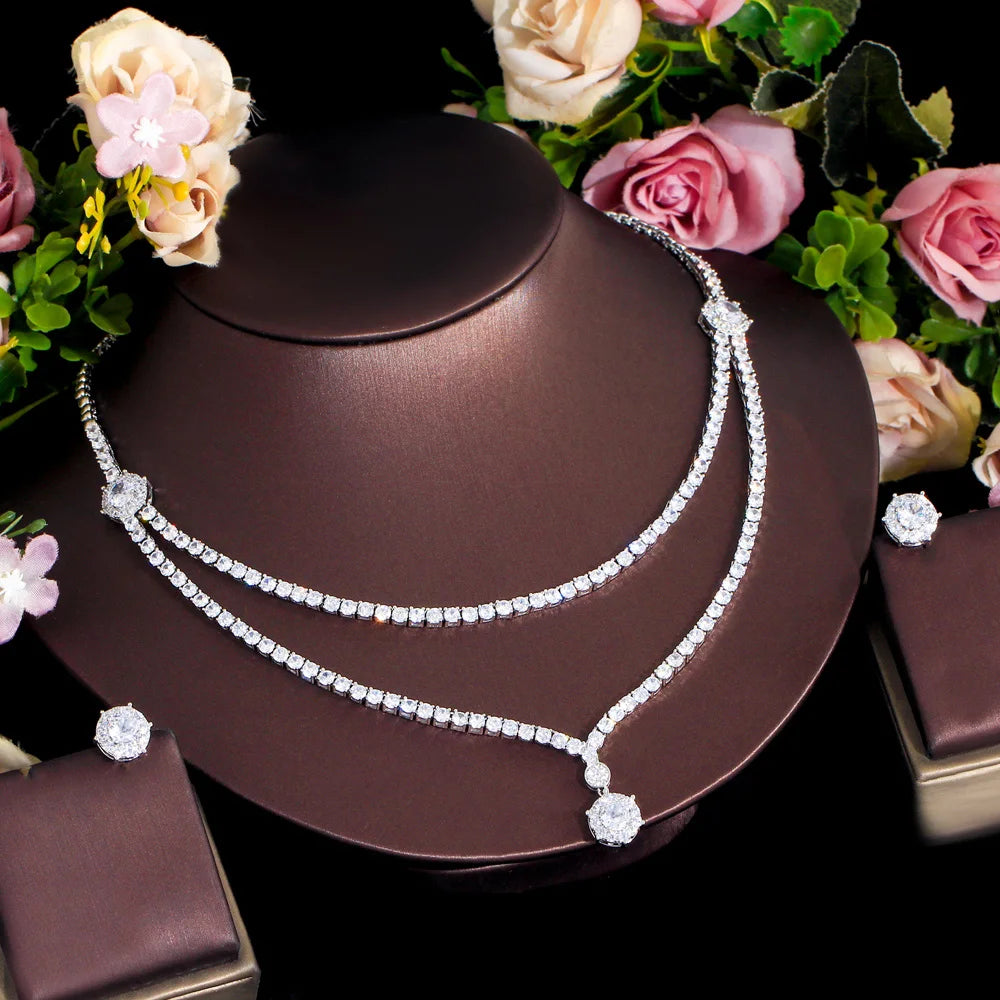 Chic Dangle Drop Round CZ 2 Layers Multiple Necklace Women Wedding Banquet Jewelry Sets Bridal Costume Accessory