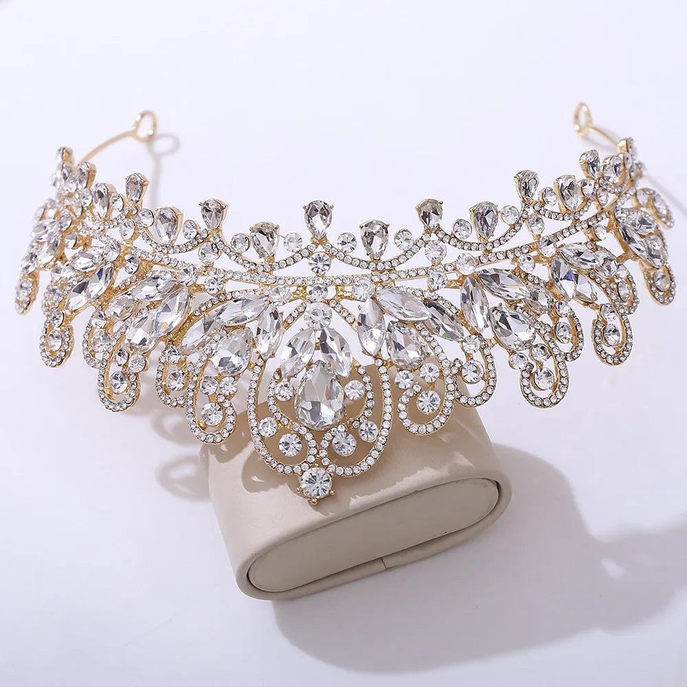 Luxury AB Color Crystal Pearls Royal Queen Wedding Crown Water Drop Bridal Diadem Pageant Headdress Bride Tiara Hair Accessories - EUFASHIONBAGS