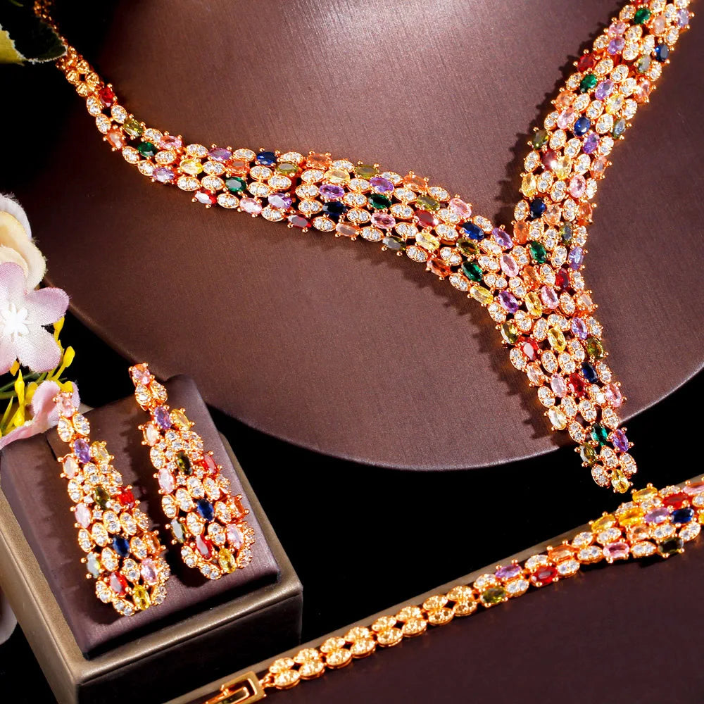 4pcs Multicolor Cubic Zirconia Nigerian Dubai Gold Plated Bridal Jewelry Sets for Wedding Costume Accessories