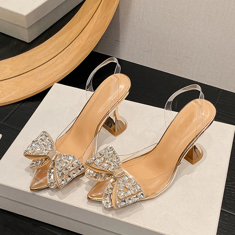 PVC Transparent Women Pumps Sexy Crystal Bowknot Pointed Toe Slingback High Heels Mules Sandal Wedding Prom Shoes - EUFASHIONBAGS