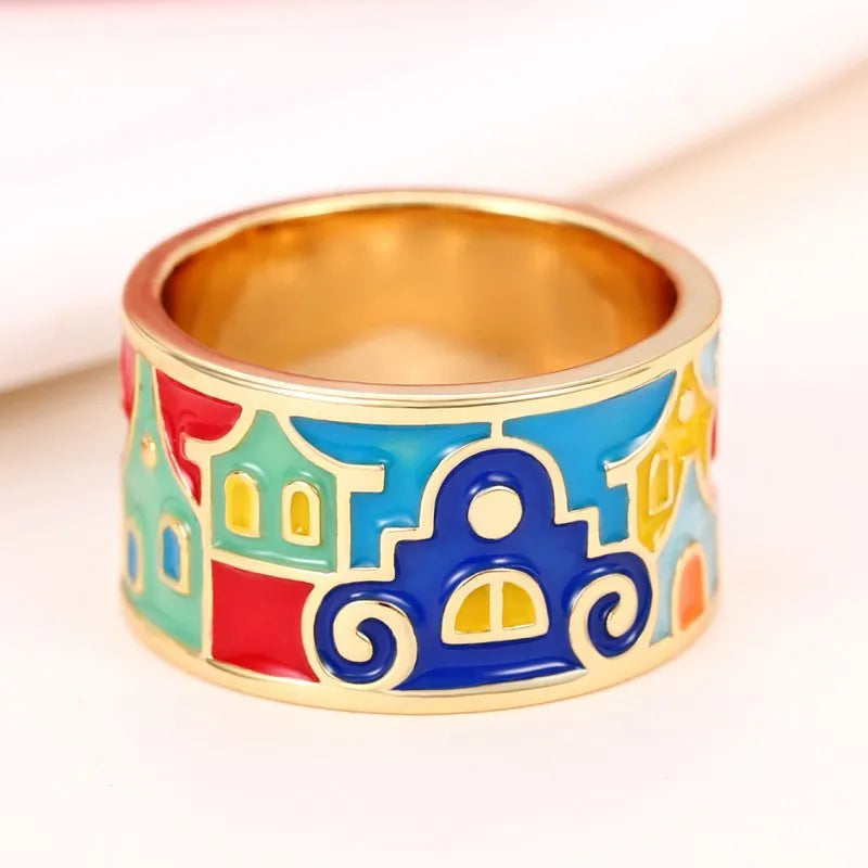 Creative Colored Housed Design Enamel Finger Ring for Women Gold Color Band Funny Girls Rings Gift Hip Hop Party Jewelry - EUFASHIONBAGS